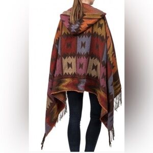Southwestern Boho Tribal Poncho Cape Hoodie One Size Comfy Shawl Fringe Blanket